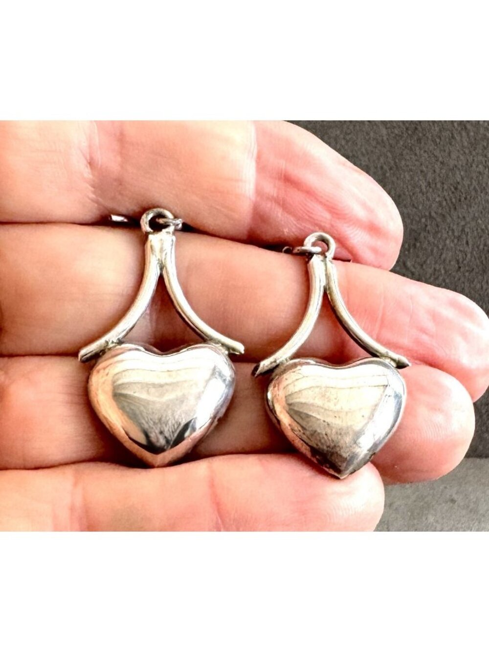 Vintage STERLING Silver Puffy HEART DANGLE EARRINGS 2" Signed TAXCO Mexico